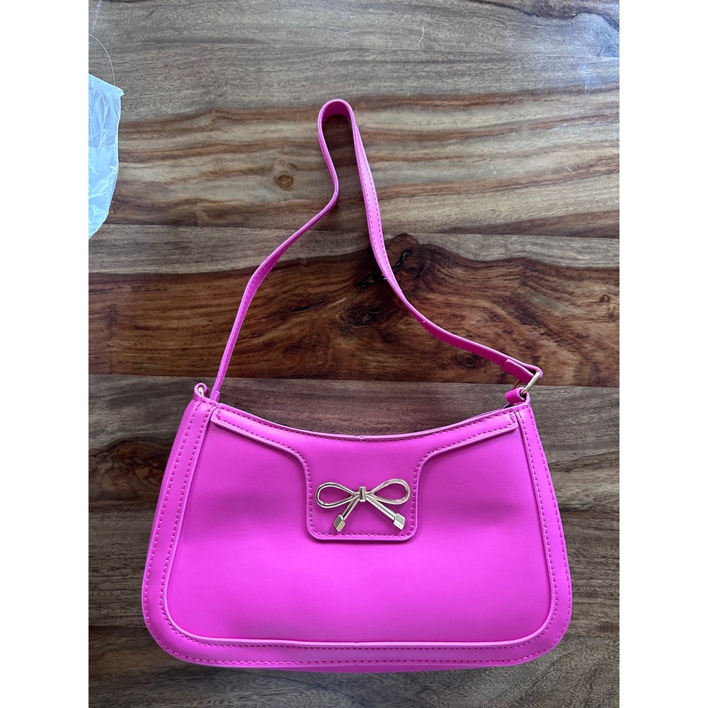 Hot Pink Faux Leather Bow Baguette Shoulder Bag Y2K Style Gold Bow Accent